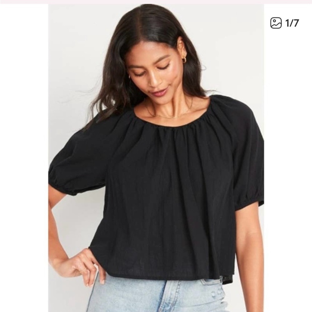 Old Navy 100% Cotton Blouse Black Puff Sleeve Open Tie-Back Swing. Size small. - Picture 2 of 15